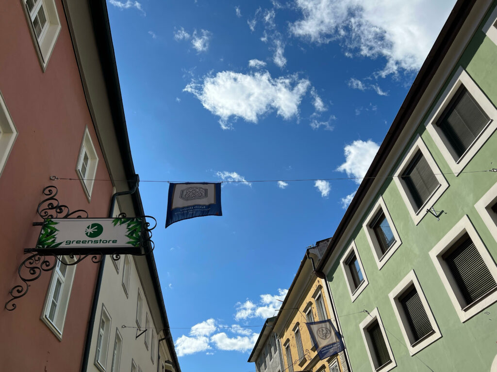 Greenstore Lienz Schild am blauen Himmel in der Schweizergasse